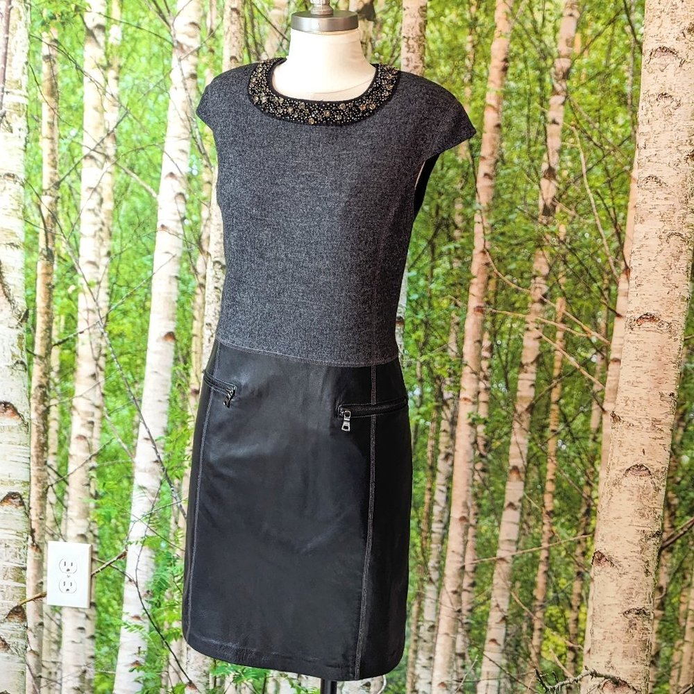 German Designer Wool & Leather Sheath Dress w Rhinestone Collar
